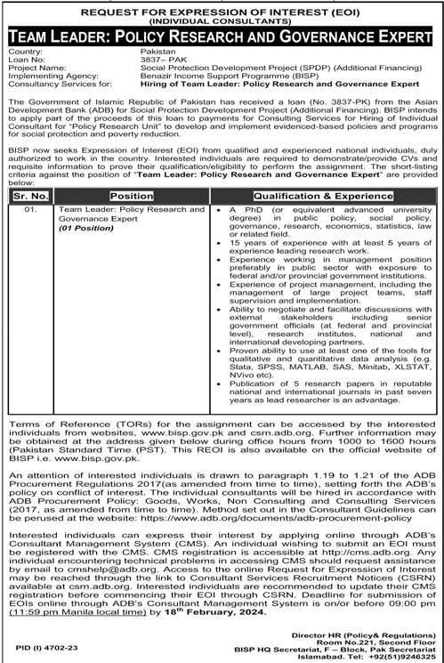 Benazir Income Support Programme | BISP Research & Governance Consultancy FEB 2024 Benazir Income Support Programme