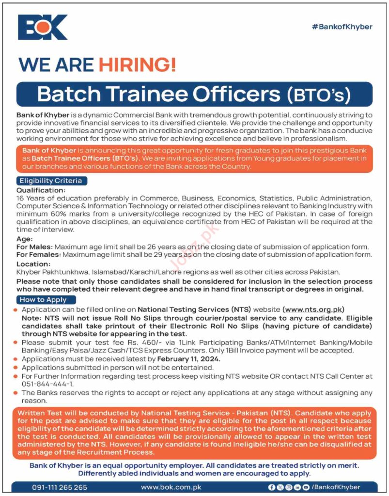 Latest Batch Trainee Officer Jobs Bank Of Khyber BOK Via NTS