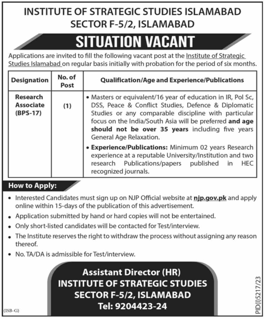 Institute of Strategic Studies Islamabad | ISSI Research Situation Vacant 2024 Institute of Strategic Studies Islamabad