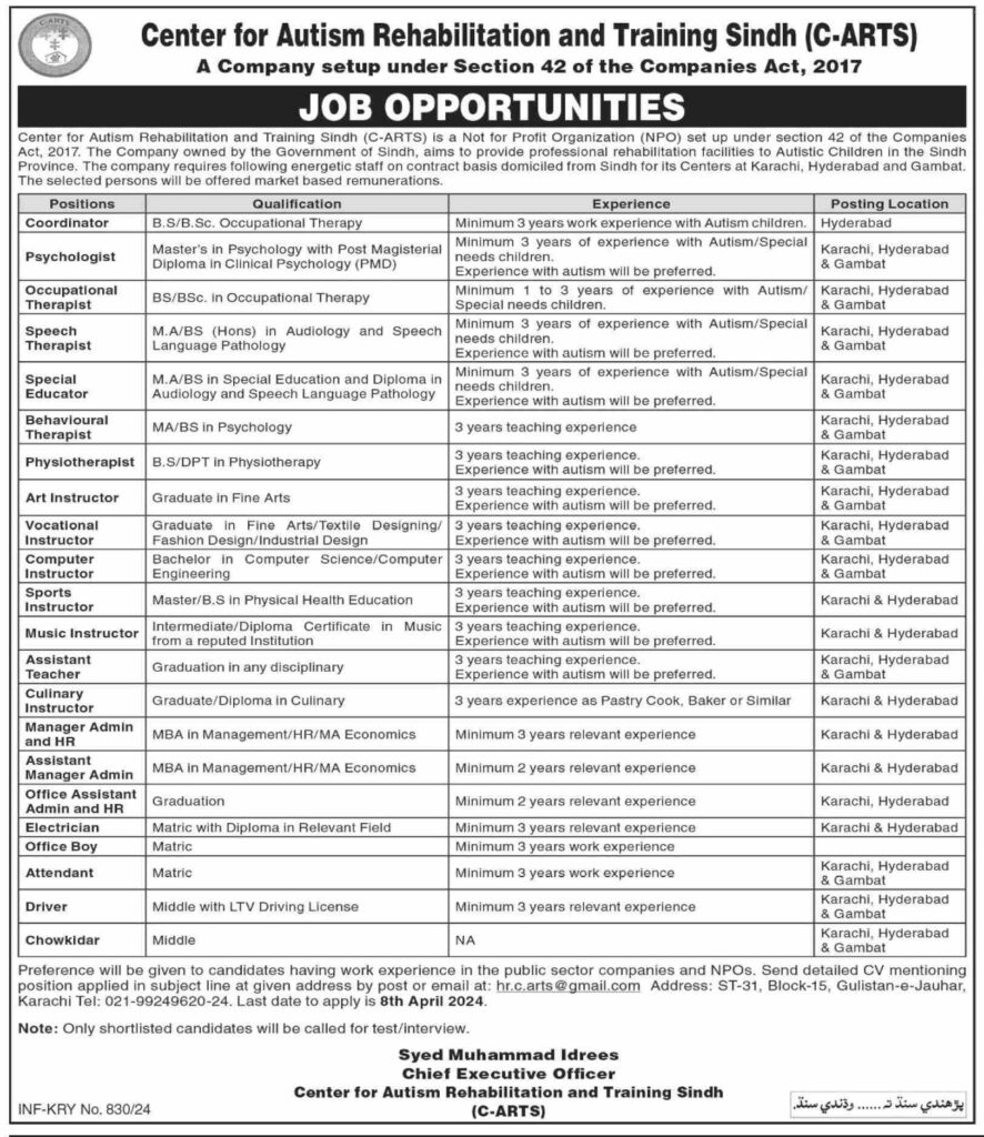 Job Opportunities at Center for Autism Rehabilitation & Training Sindh (C-ARTS) 2024 Center for Autism Rehabilitation & Training Sindh (C-ARTS) 2024