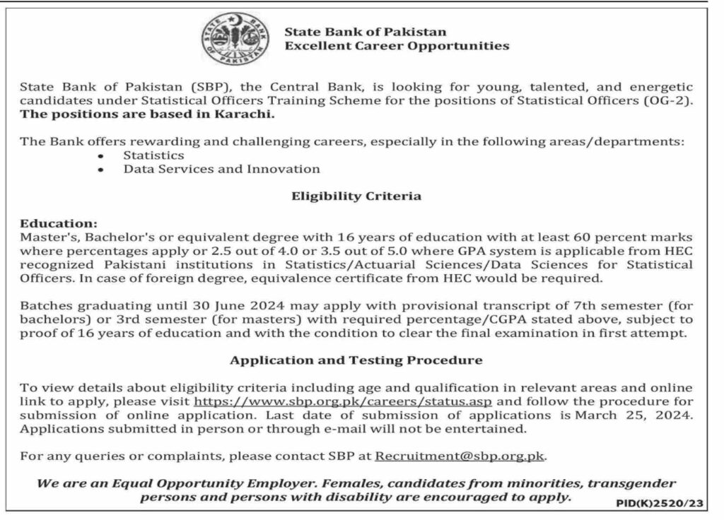 State Bank of Pakistan Jobs Statistical Officers Training Scheme 2024