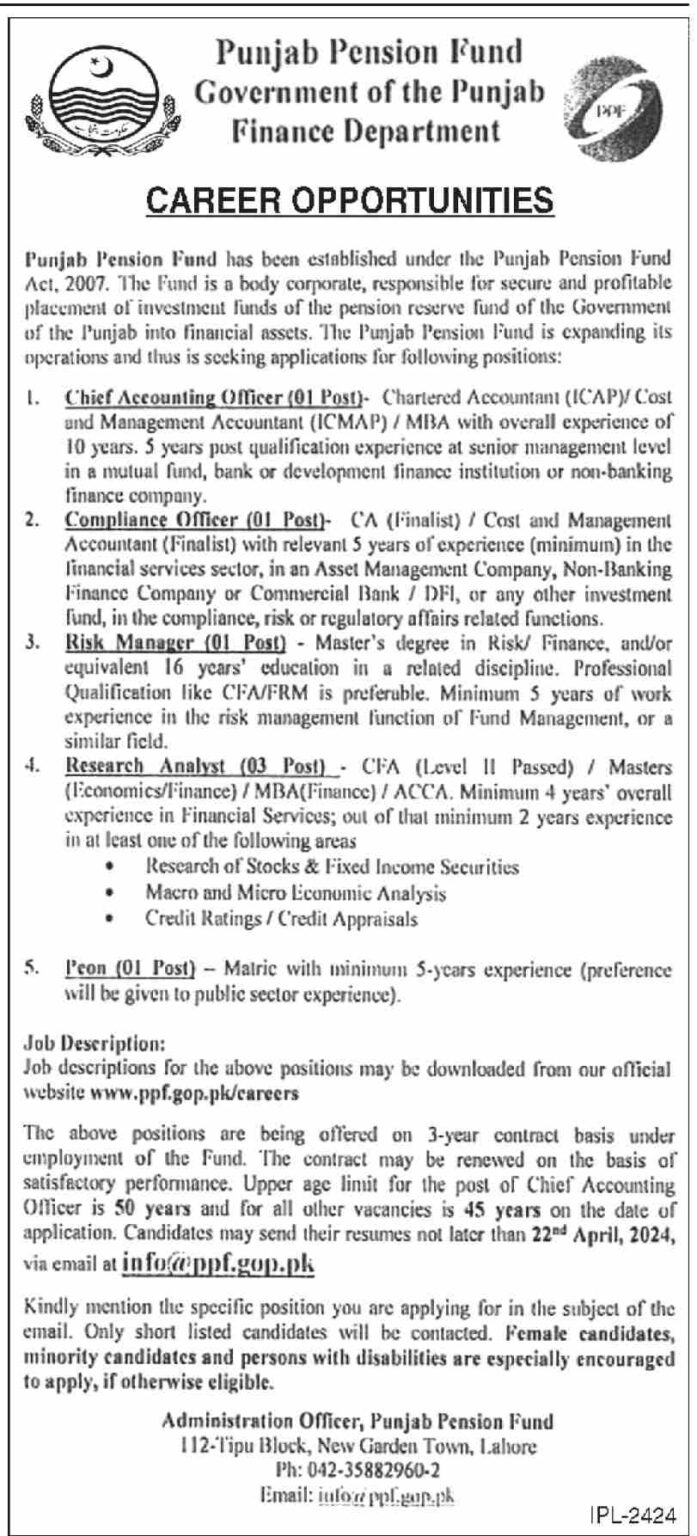 Career Opportunities in Punjab pension Fund