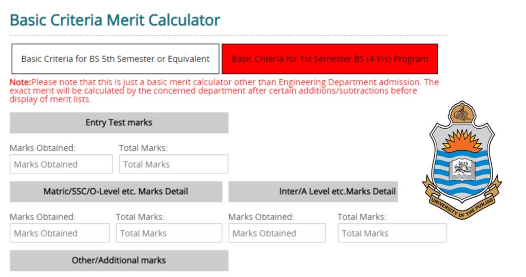 Online merit calculator for Punjab University